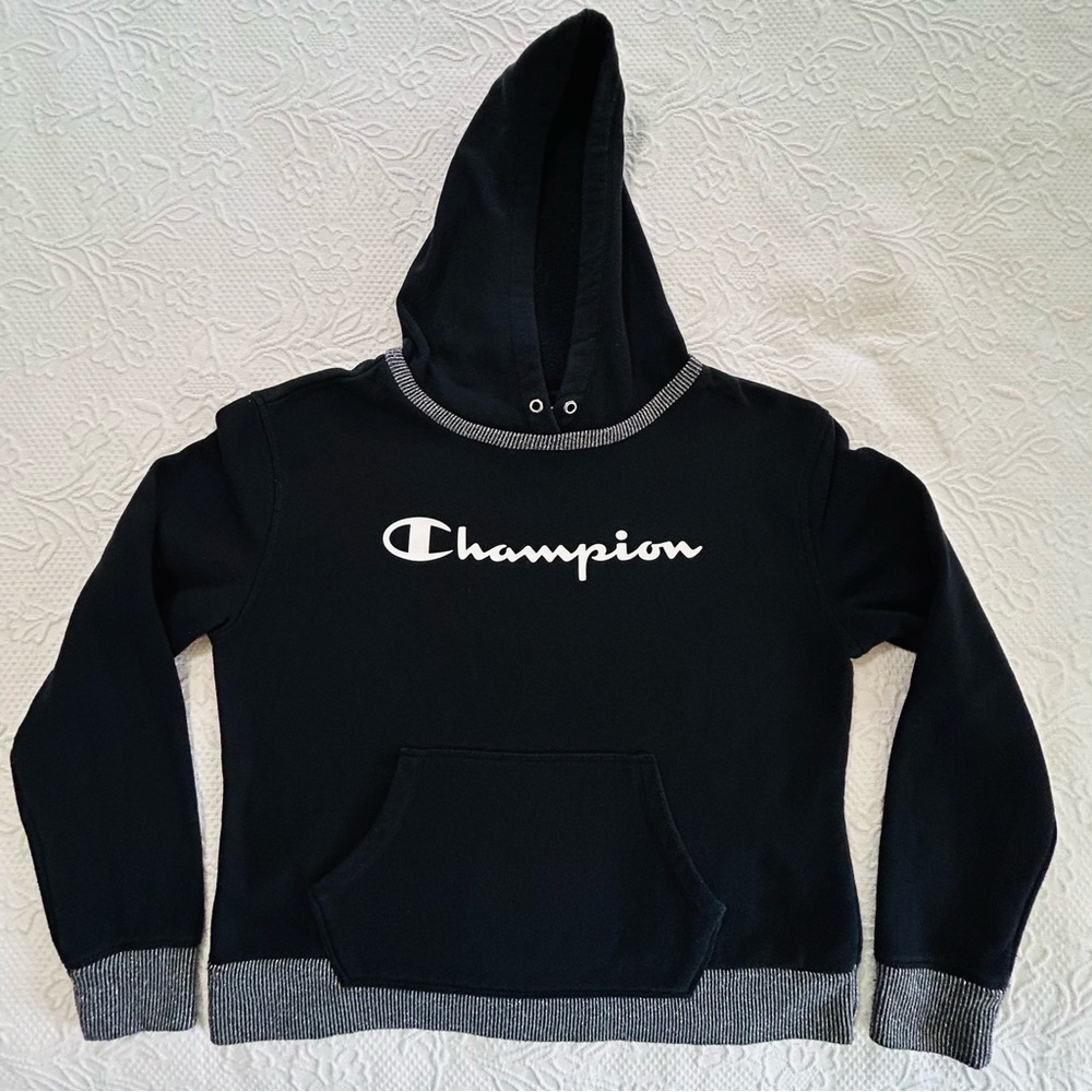 Champion Hoodie Sweatshirt Kangaroo Pocket Silver Accent Trim On Black